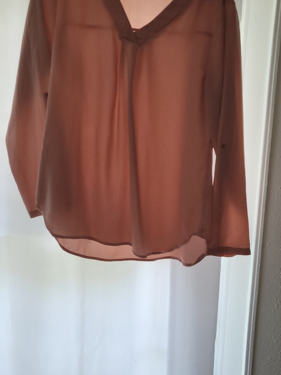 Tops - Womens Sheer V-Neck Long Sleeve Blouse - Rose Color